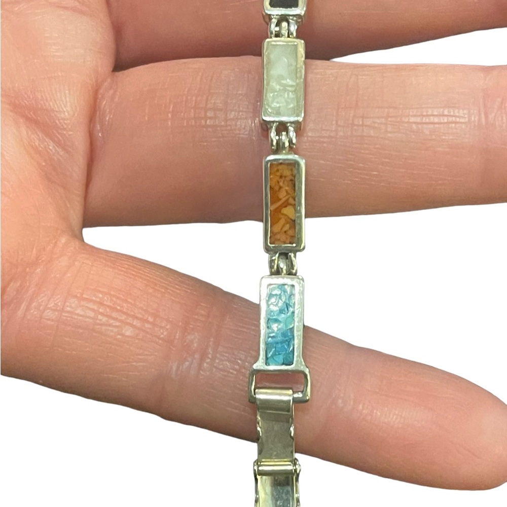 Vintage sterling silver 925  multi color crushed stone link bracelet Hallmarked - Picture 8 of 12
